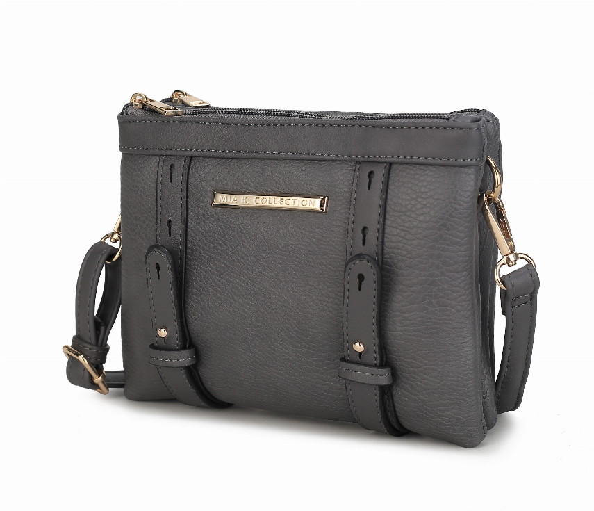Dark gray crossbody with multiple front compartments, zip closure, gold-tone hardware