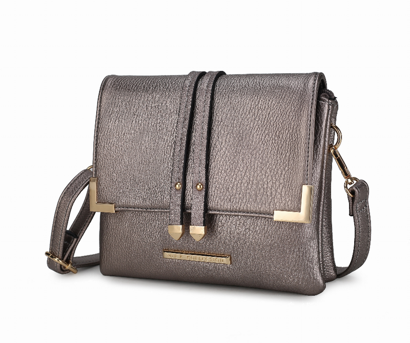 Gray crossbody bag with structured flap, two front straps, and gold-tone clasp hardware