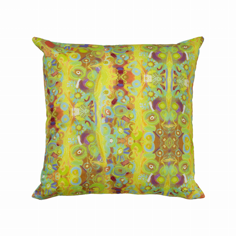 Square throw pillow cover with vibrant yellow-green and purple abstract design