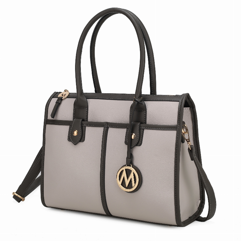 Livia satchel with top handles and crossbody strap, light gray, black paneling