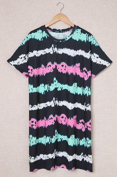 Plus size mini dress, black with teal, white, and pink tie-dye stripe pattern