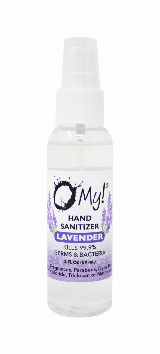 Front view: O My! hand sanitizer bottle with lavender label and spray nozzle.