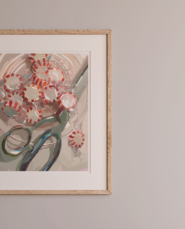 Wood-framed peppermint pile art print corner with abstract peppermint and scissors