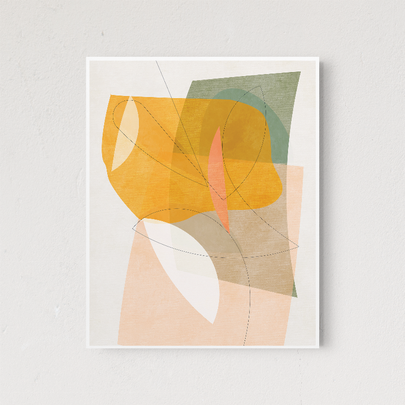 Framed abstract leaf watercolor print with yellow, green, peach, and pink areas
