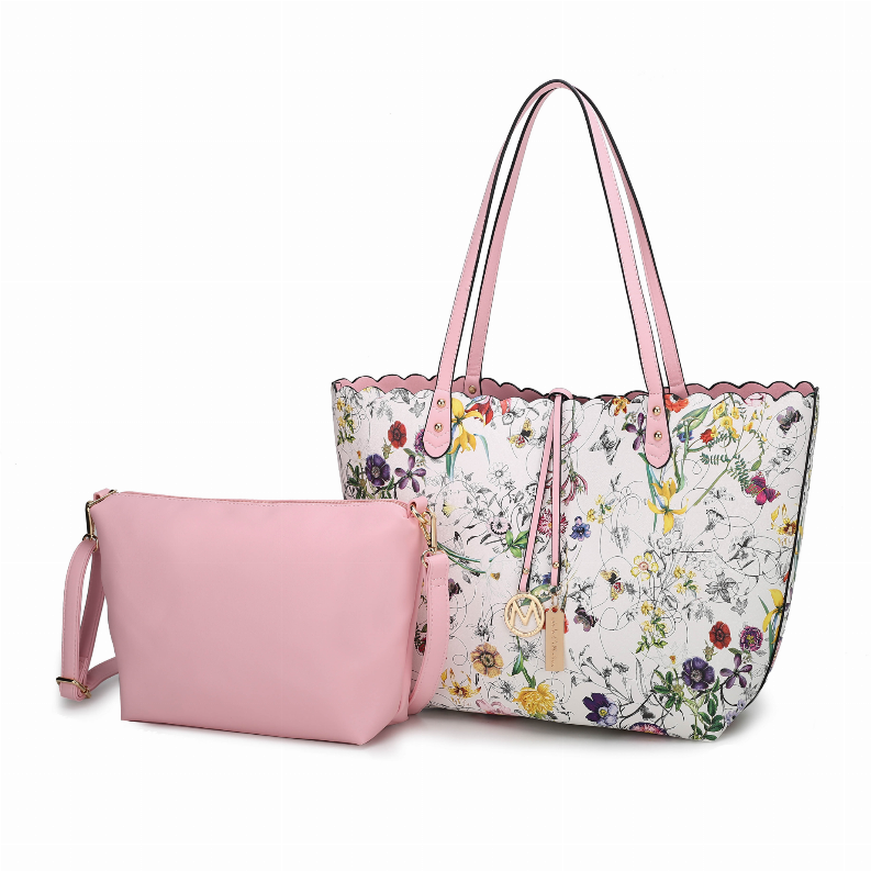 Reversible tote bag with handle and floral pattern, with pink crossbody pouch