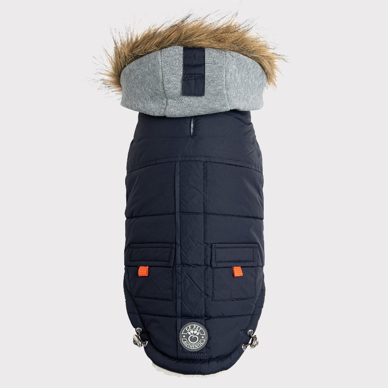 Navy quilted dog parka back view with gray hood and orange pocket details