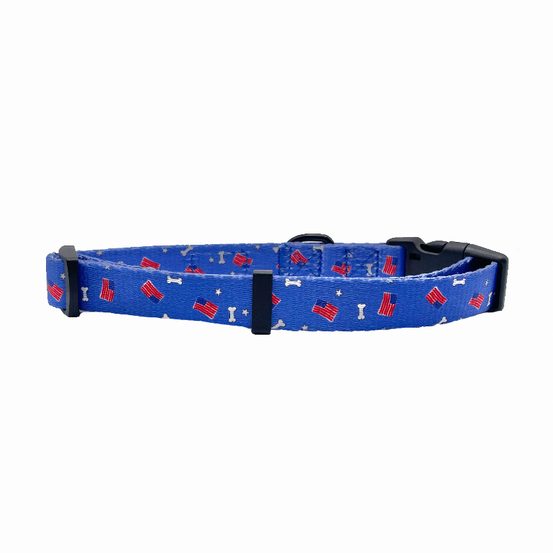 Blue dog collar with red and white print, black buckle and secure strap