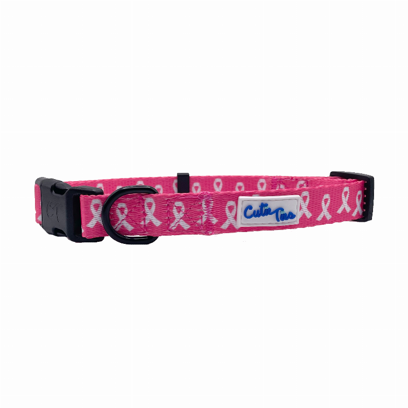 Pink dog collar with black metal ring and clasp, CutePets logo patch