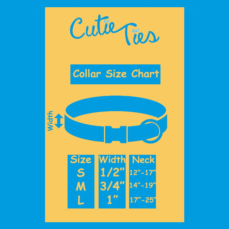 Dog collar size chart graphic with neck range and width, sizes S–L