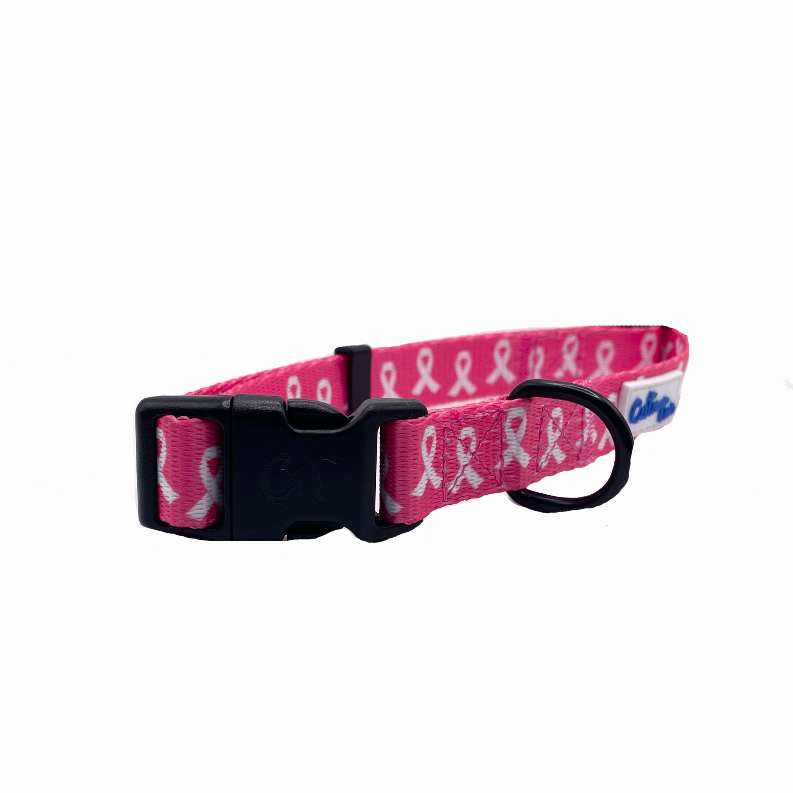 Pink dog collar with black buckle and D-ring, patterned hearts and loops