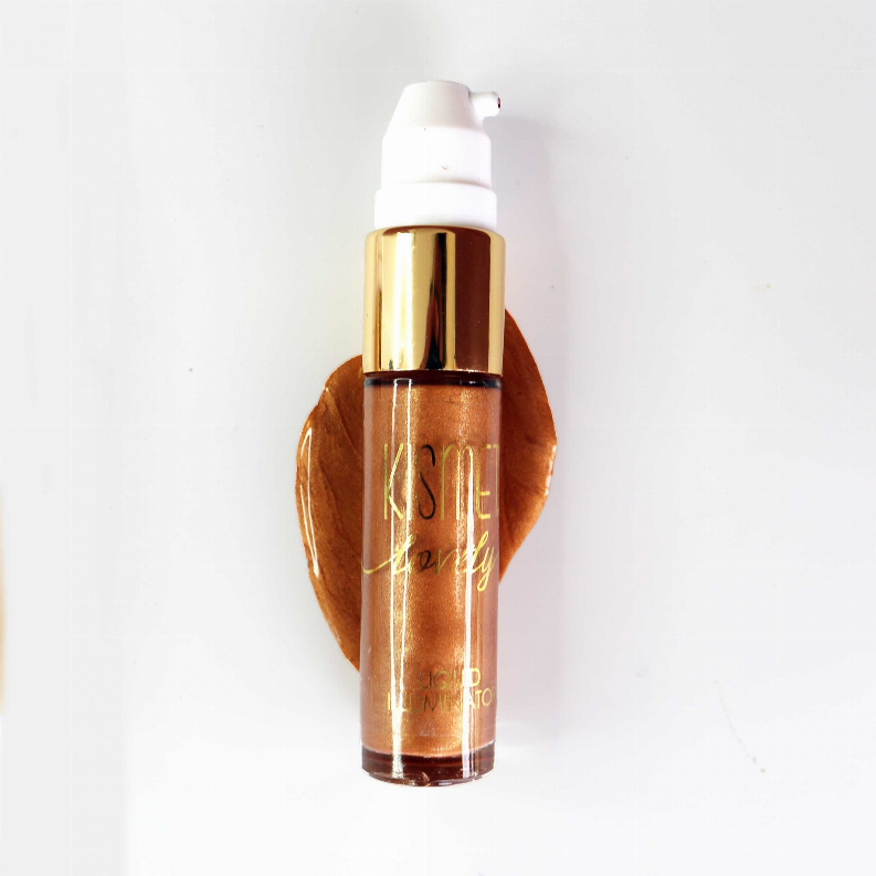 Lovely Liquid Illuminator amber liquid bottle with white pump cap and gold tube
