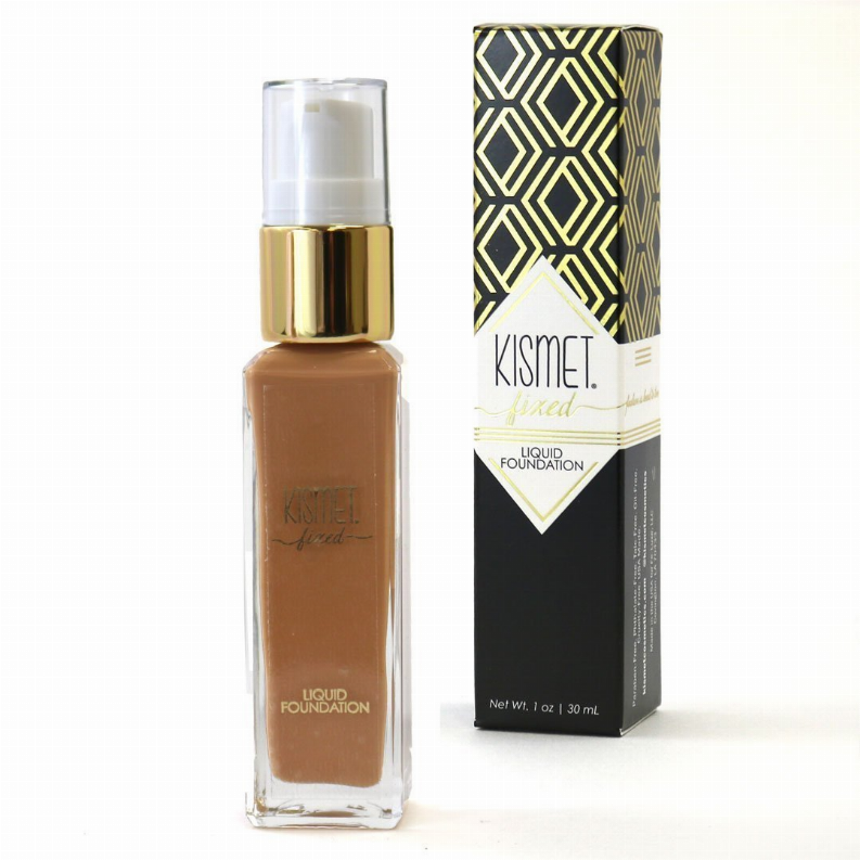 KISMET Fixed Liquid Foundation glass bottle with gold cap and retail box