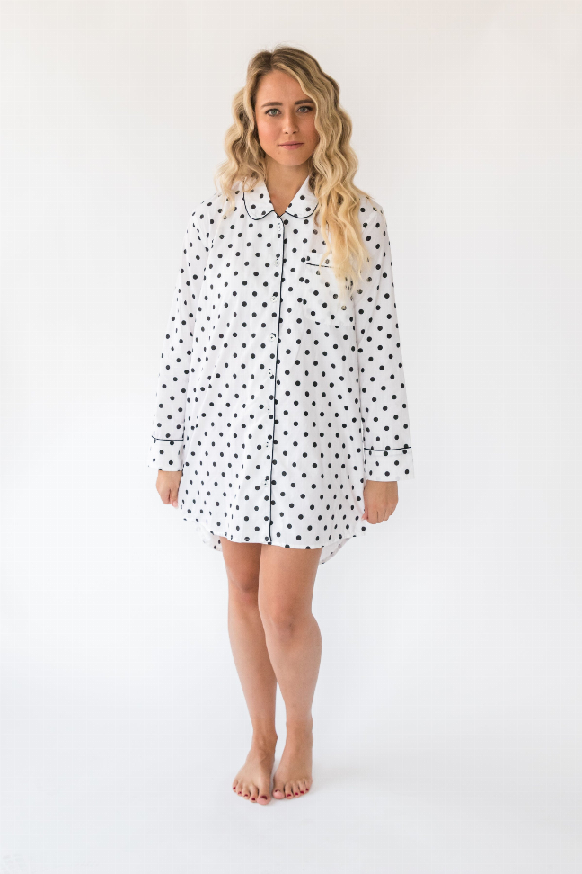 Women's polka-dot night shirt, front view with collared neckline and button-front, knee-length