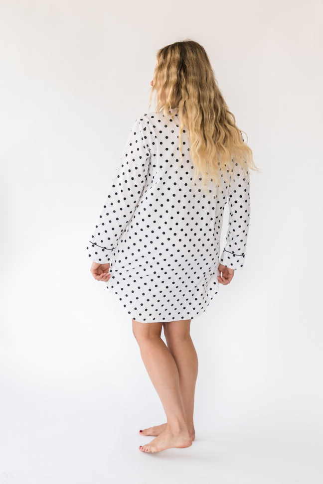 Women's polka-dot night shirt, back view with long sleeves and button-front, white with black dots