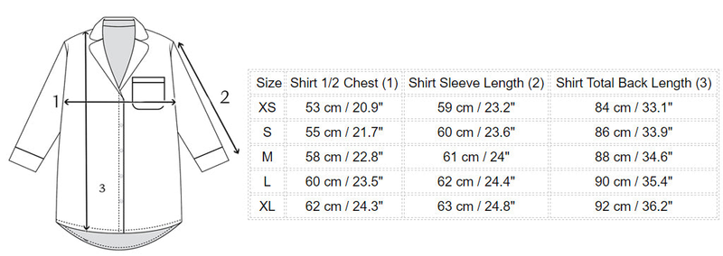 Night shirt size chart table with shirt length, chest, and total back length