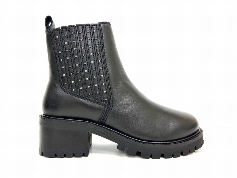 Black platform chelsea ankle boot angled view with stud-detailed elastic side panel