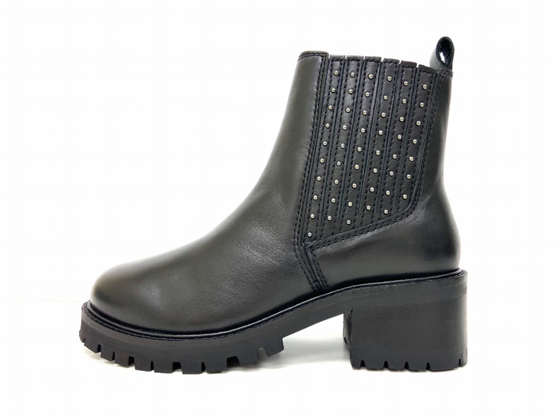 Black studded chelsea ankle boot with elastic gore, thick sole, and block heel