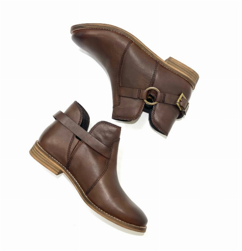 Dark brown ankle booties, side strap with ring buckle, rounded toe, low block heel