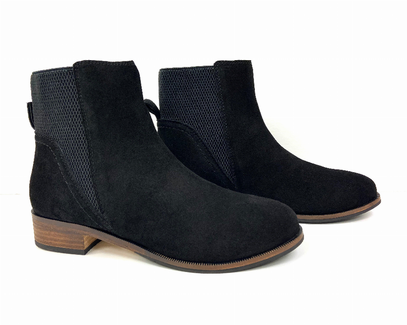 Dark suede Chelsea bootie, elastic side gore, pull tab, and wood-look block heel