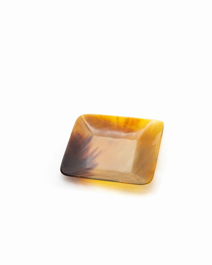 Horn-style square catchall dish, rounded corners, amber with dark marbled edges