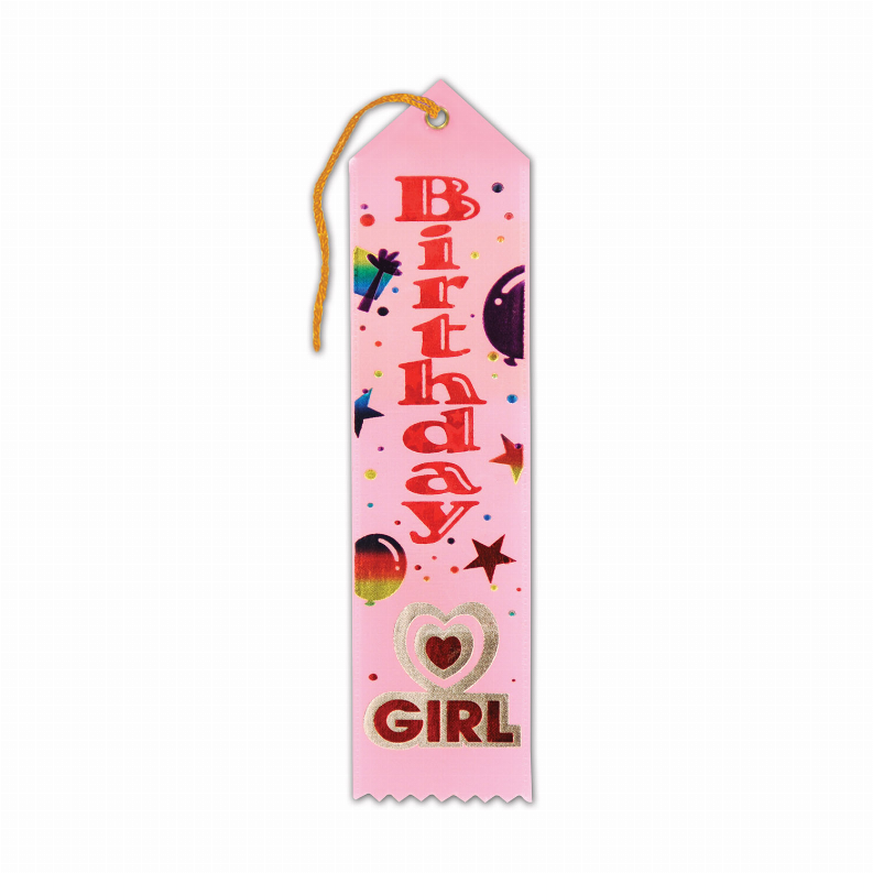 Hanging birthday ribbon in pink with confetti icons and “Birthday Girl” on front
