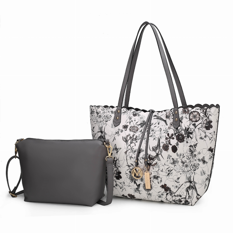 Floral tote bag with top handles and dark gray zipper crossbody pouch
