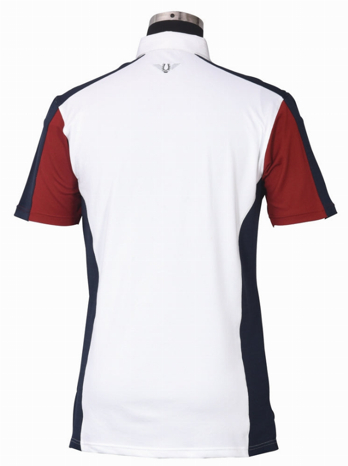 Men's short sleeve show shirt, white with red sleeves and navy shoulder panels