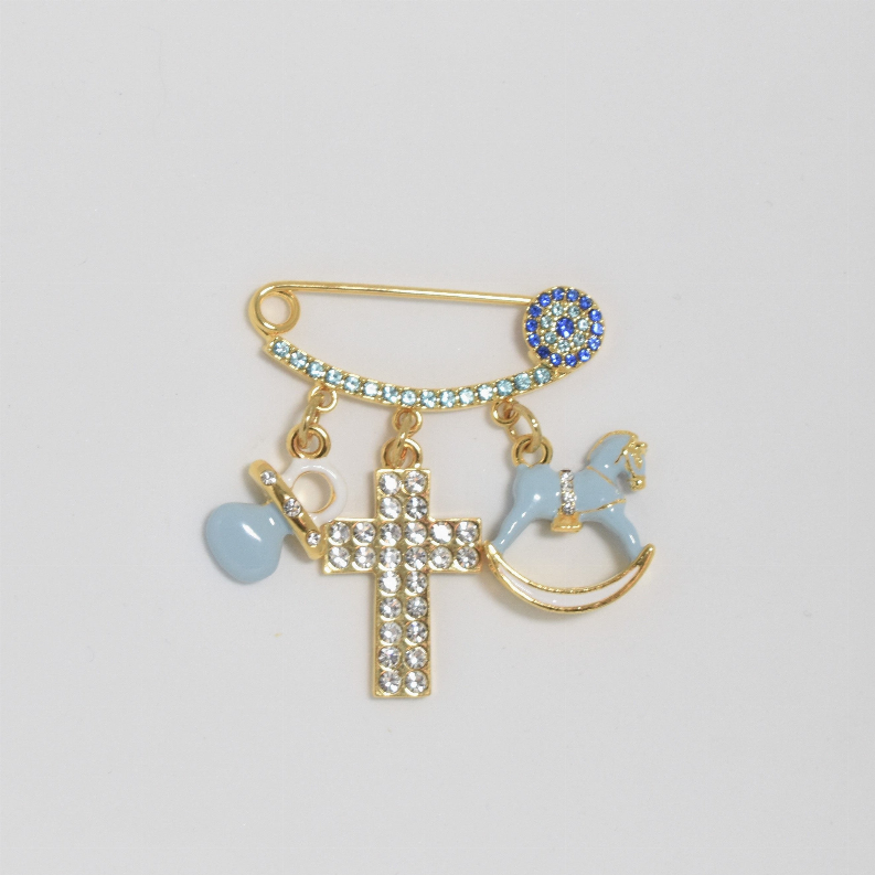 Gold-tone baby pin with rhinestone cross and baby shoe charm, blue accents