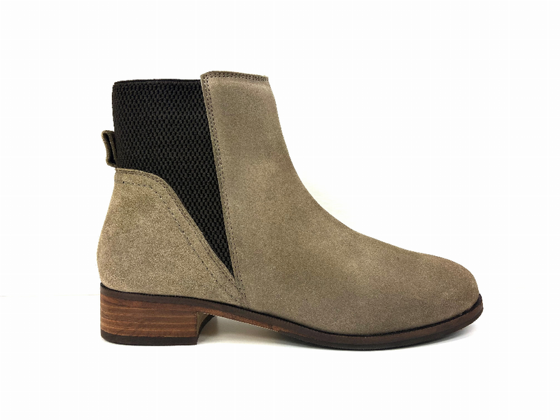 Tan suede Chelsea bootie with black elastic sides and square toe, low block heel