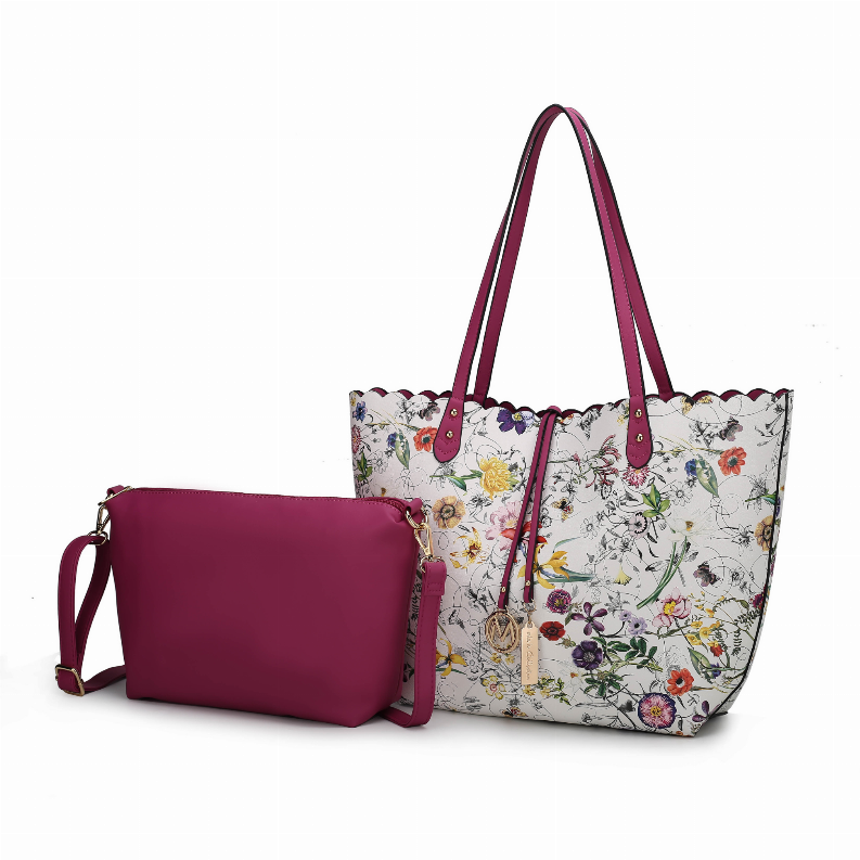 Floral reversible tote bag with burgundy top handles and zippered crossbody pouch.