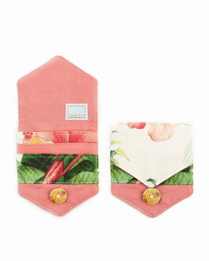 Pineapple print card holder wallet with pink flap and gold button closure