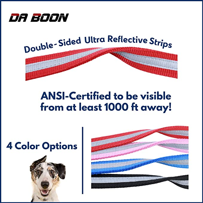 Red double-sided reflective dog leash with gray reflective stripes
