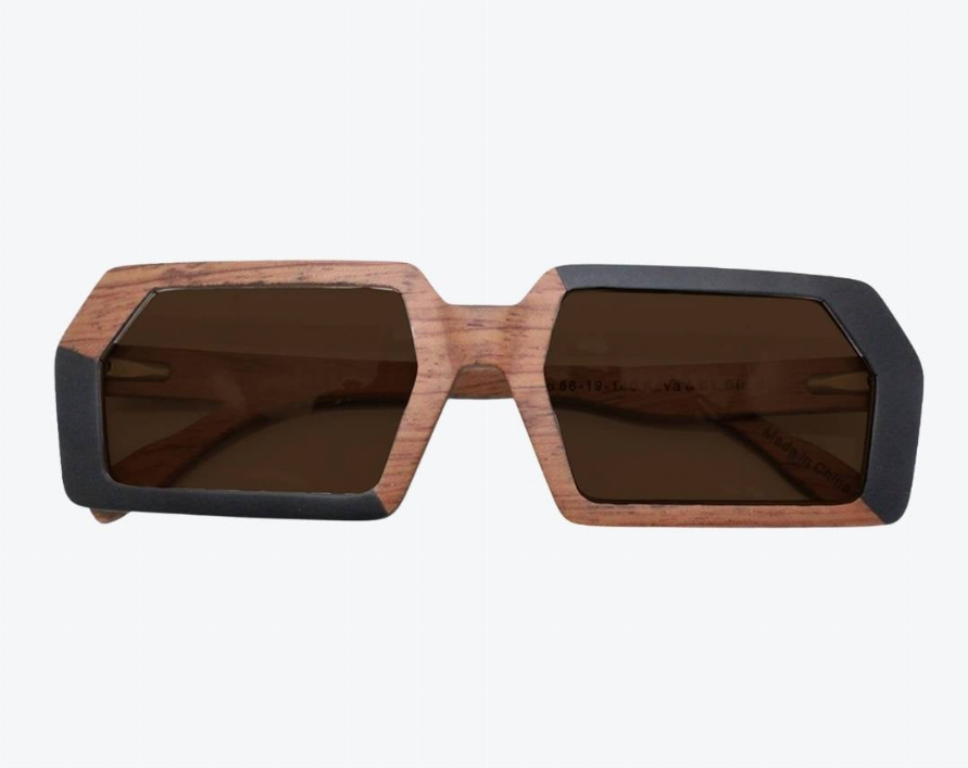 Wood-framed sunglasses with dark lenses in a brown wood and black frame