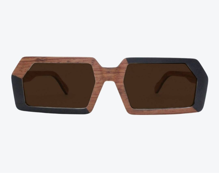 Wood-framed sunglasses with dark rectangular lenses and a notched center bridge