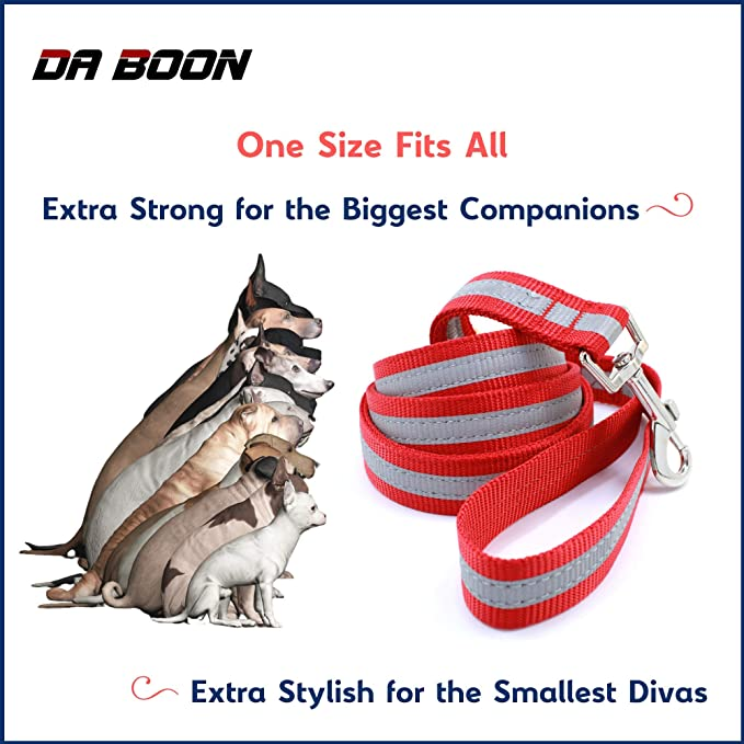 Reflective dog leash with red double-stripe webbing and silver swivel clip, shown with dogs