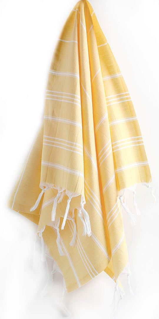 Monaco hand towel in yellow with white stripe bands and fringed ends