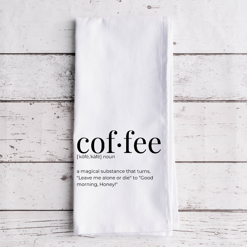 White waffle-weave tea towel with “cof:fee” word and definition print
