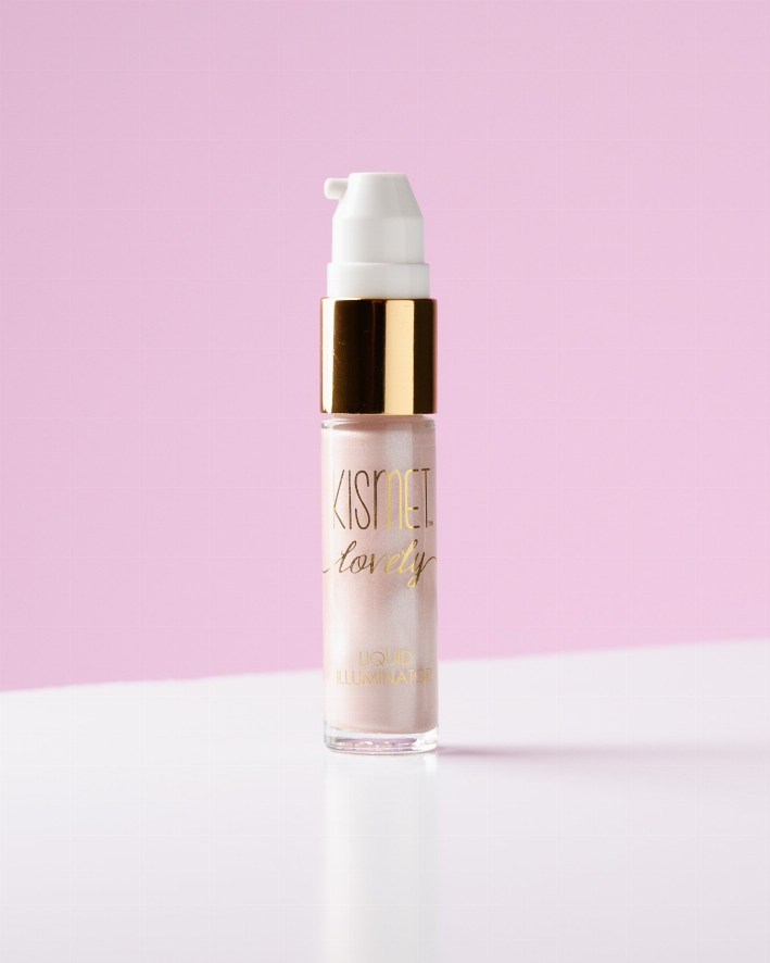 Liquid illuminator bottle with white pump and rose-pink, glossy serum