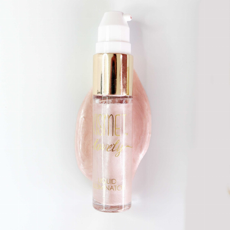 Rose-pink liquid illuminator bottle with white pump and gold collar