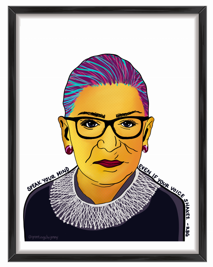 Framed pop art print portrait with rainbow hair, glasses, and quote text on collar