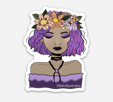 Flower girl sticker of woman with purple hair and floral crown, face front.