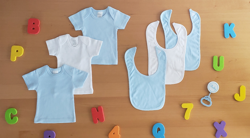6-piece baby shirt and bib set, light blue shirts and bibs