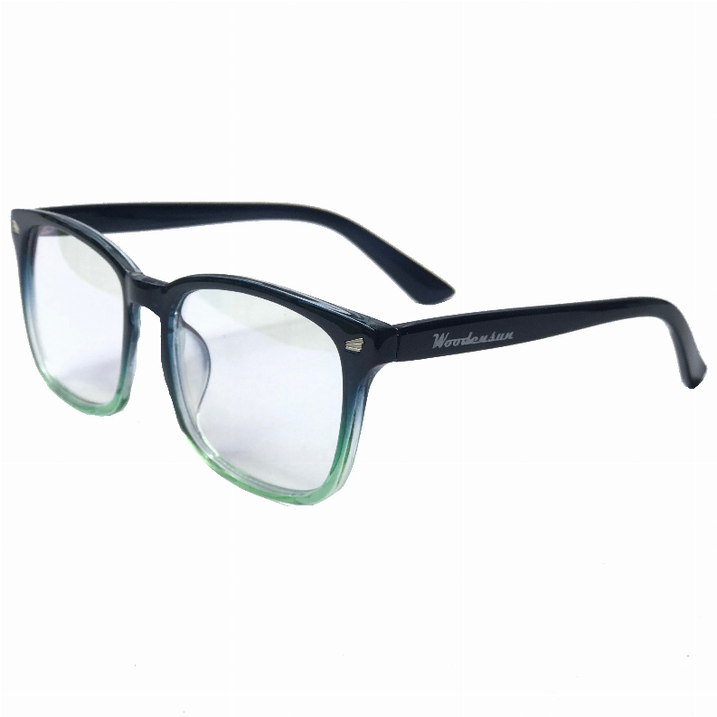 Trocadero rectangular blue light glasses angled side view, dark navy frame and clear lenses