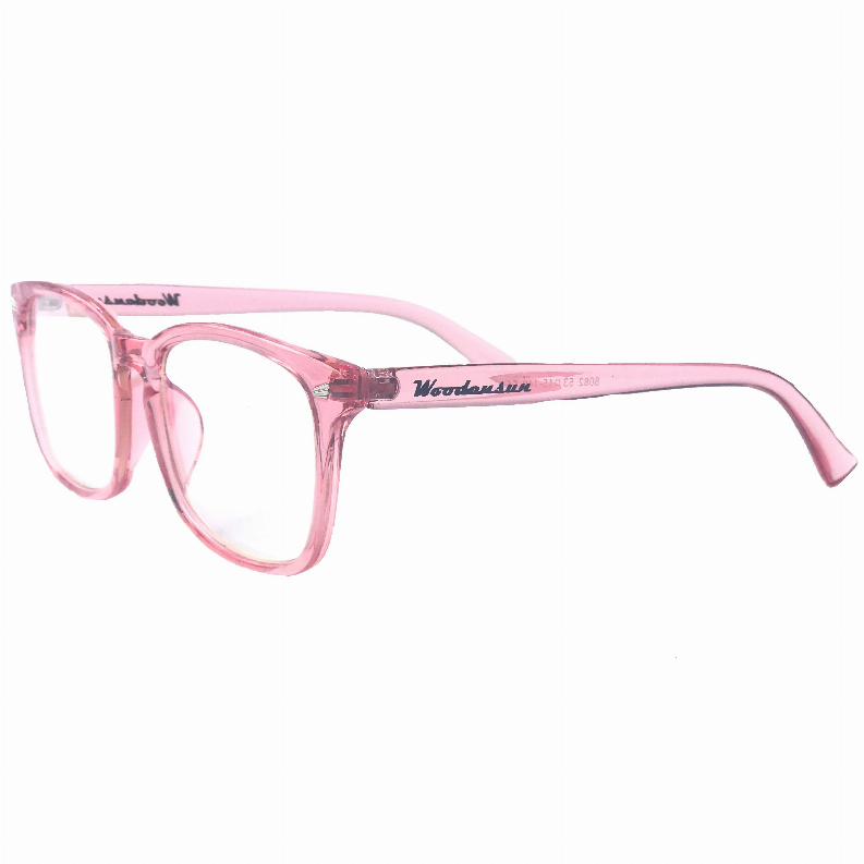 Pink rectangular blue-light glasses, angled side view, curved temple arm, clear lenses.