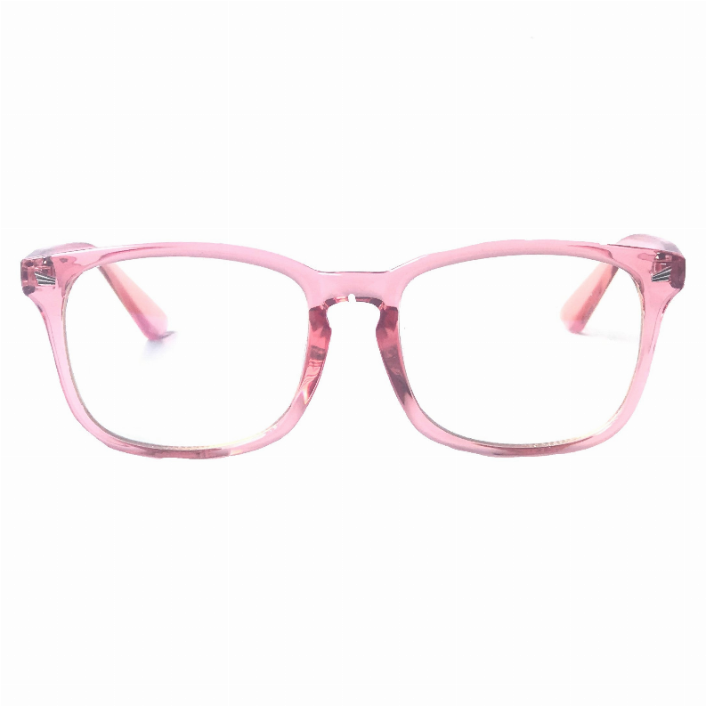 Pink rectangular blue-light glasses, clear lenses, symmetrical front frame.