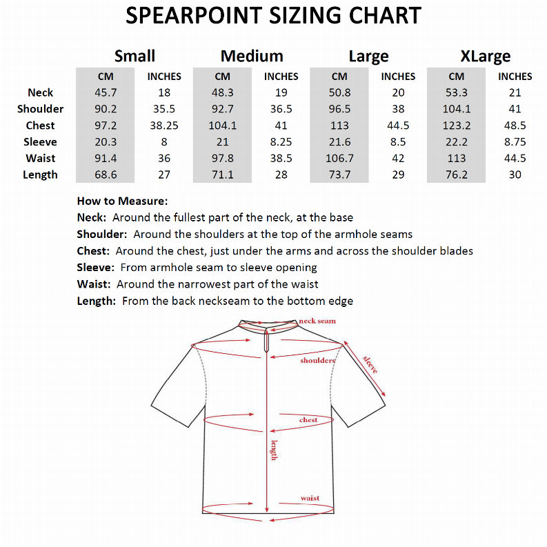 SPEARPOINT sizing chart for sizes S to XL with key garment measurements