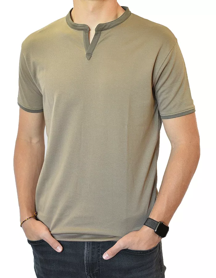 Olive short-sleeve shirt with notch collar and contrast collar trim