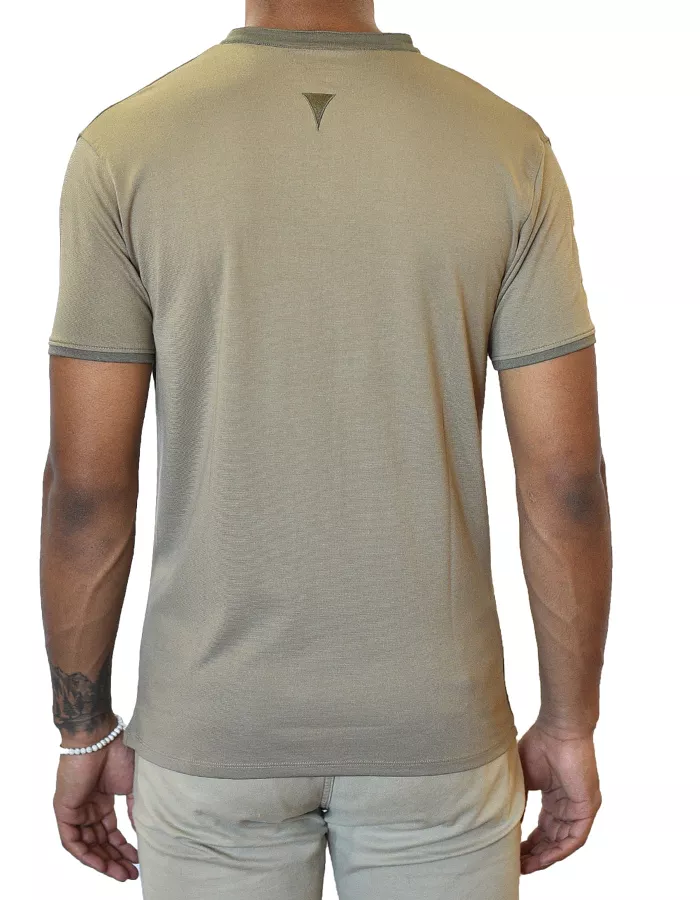 Back view of olive short-sleeve shirt with notch collar and small neck logo