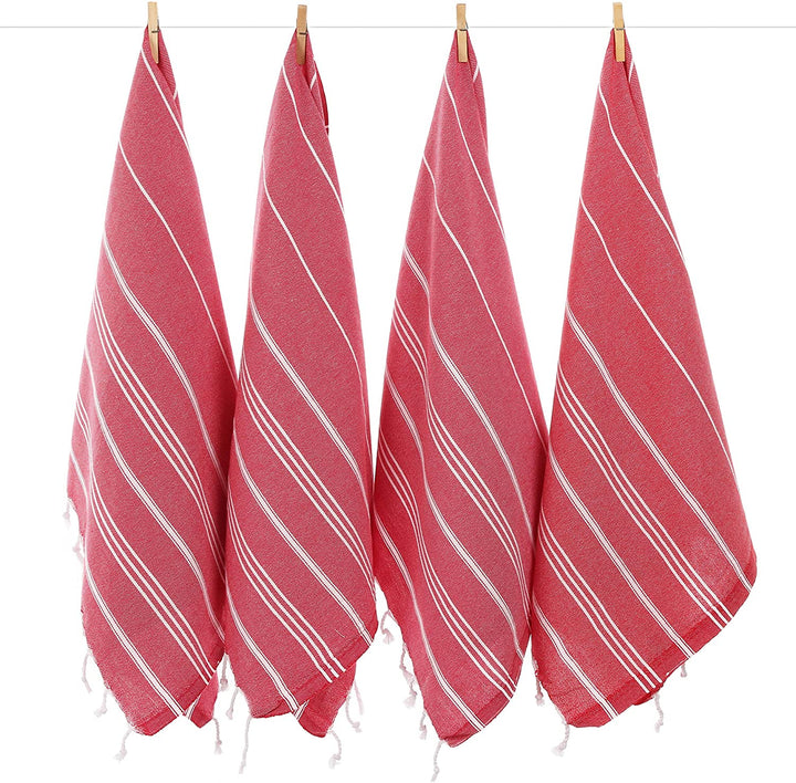 Red hand towels with white pinstripes and fringe trim