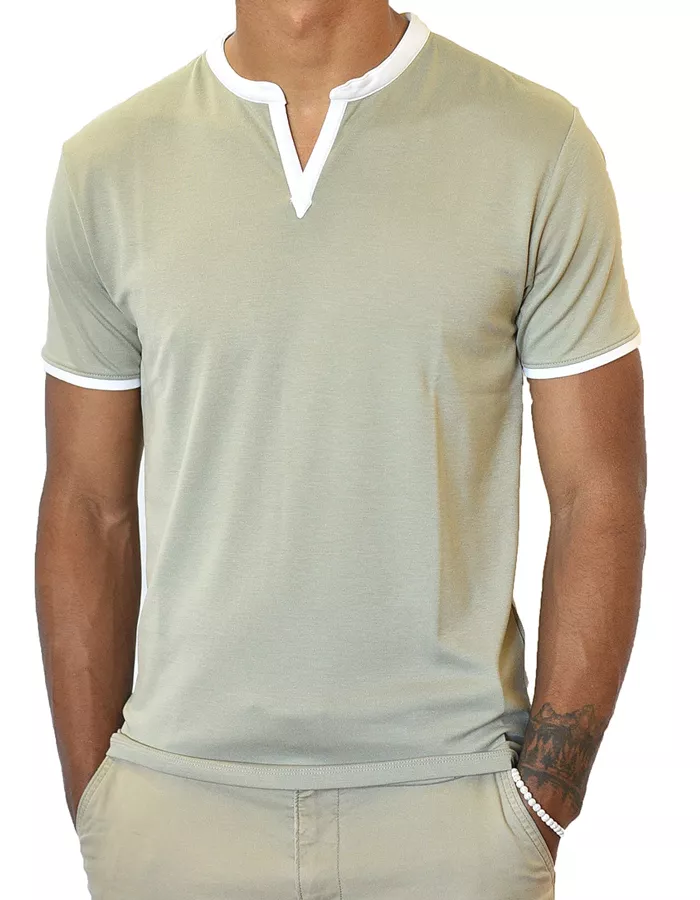 Light green short-sleeve polo with white V-notch collar trim, front view